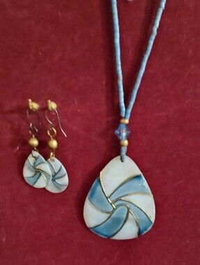 Handcrafted Blue and White Swirl Pendant Necklace with Matching Earrings